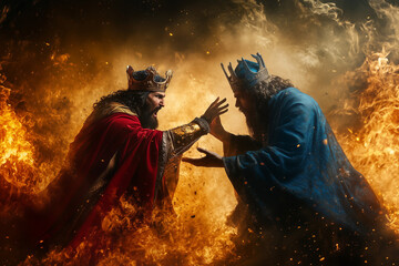 Two kings fighting each other for a crown on a fiery background, struggle for power.
