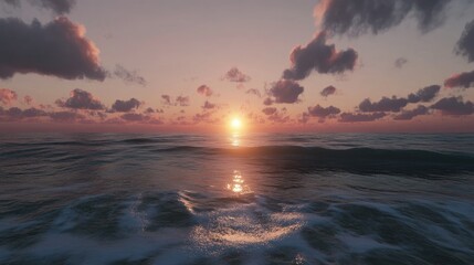 Obraz premium A serene sunset on a calm beach, with the sun dipping below the horizon and the waves gently rolling in