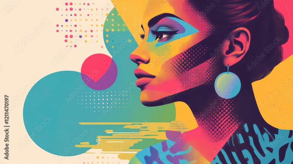 Poster vibrant colorful portrait of a woman's face profile with geometric shapes and patterns.