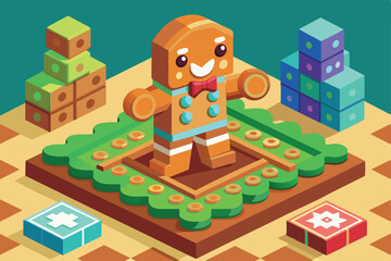 A joyful gingerbread man cookie stands on a decorated tray while colorful icing embellishments surround it Gingerbread man cookies Customizable Isometric Illustration