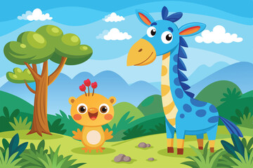 A friendly giraffe and a blue bird laugh together under a sunny sky in a vibrant grassland Giraffe and blue bird in grass cartoon