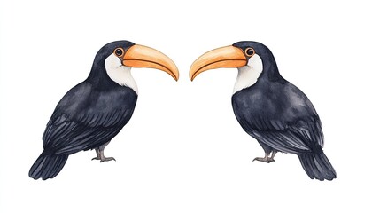 Two vibrant toucans facing each other against a white background, showcasing their colorful beaks and feathers