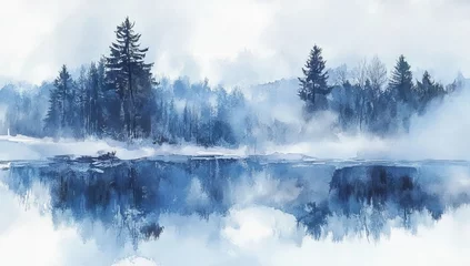 Misty winter lake reflecting snowy forest.