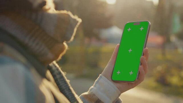 Female looking smartphone with chroma key display, standing amid autumn park greenery during golden sunlight hours