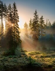 "A serene landscape of a misty forest at sunrise with sun rays filtering through the trees.