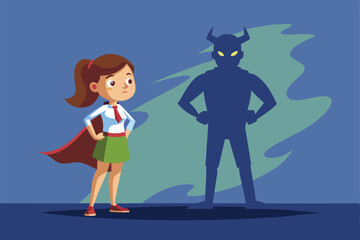 Fototapeta premium A girl with a cape gazes at the shadow of a superhero in a whimsical atmosphere Girl stands with shadow of superhero, employee or boss,