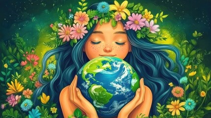 Woman with Earth Surrounded by Colorful Flowers and Greenery