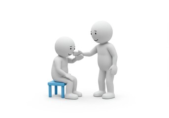 A 3D illustration of a simple humanoid figure comforting another figure sitting on a small blue stool symbolizing empathy or support