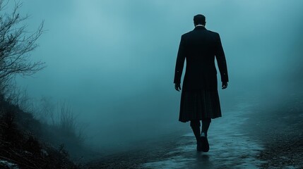 Mysterious Figure in Cloak Walking Alone in Foggy Landscape