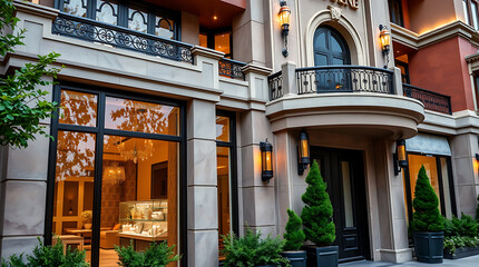 Fototapeta premium Elegant City Building Exterior: Modern Architecture and Luxurious Design. A stunning blend of classic and contemporary styles in a prime urban location.