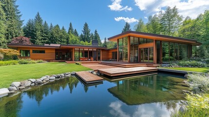 Fototapeta premium Peaceful riverside home with a large backyard and a small wooden dock for quiet reflection.