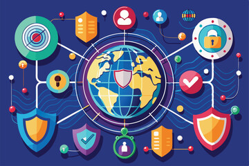 Fototapeta premium Illustration of global network security with icons for protection and data management strategies, Global network security concept,