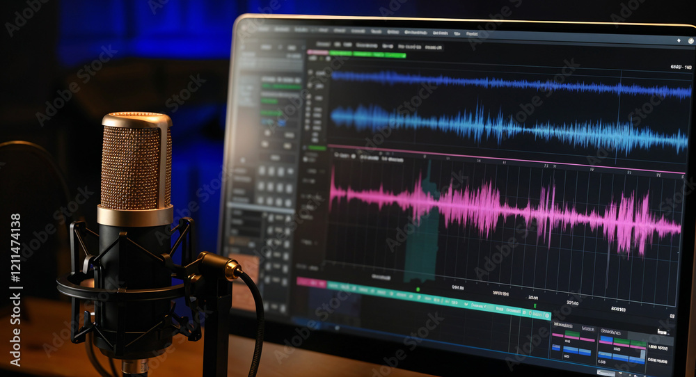 Poster professional microphone against the background of a monitor with an audio program and a music spectr