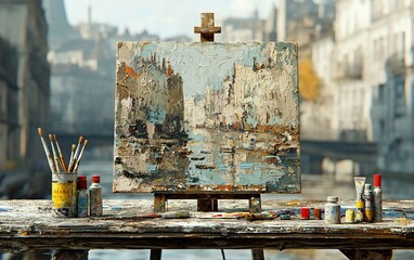 Painting of canal scene on easel with paints.