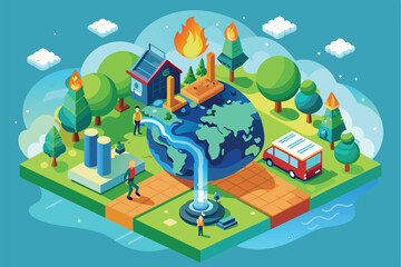 A vibrant isometric illustration depicts global warming effects like fire, pollution, and environmental efforts Global warming Customizable Isometric Illustration