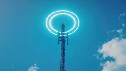 Modern Communication Tower with Neon Circle Glow against Blue Sky