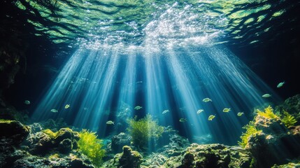 Obraz premium Sunlight Rays Shining Through Clear Ocean Water Over Coral Reef