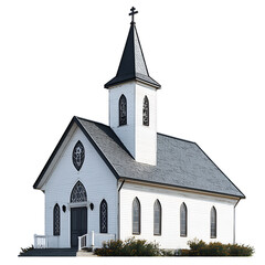 Charming Rural Church Exterior with Steeple and Gothic Windows in Serene Landscape