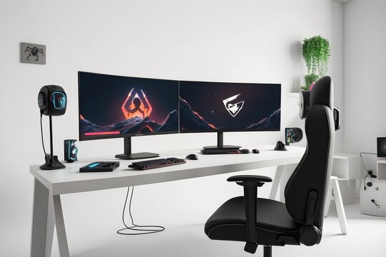 Modern minimalist gaming setup with dual curved monitors, keyboard, mouse, chair, and headset on a white desk in a bright room.