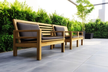 Fototapeta premium Comfortable wooden benches in a modern outdoor space surrounded by lush greenery