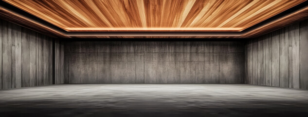 Modern interior space with wooden ceiling and concrete walls for versatile use