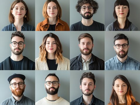 Collage of photos of different people, men and women on a monotone gray background.