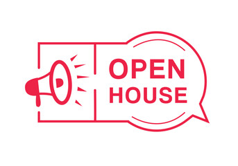 Open house badge banner megaphone. Advertising design template vector illustration.