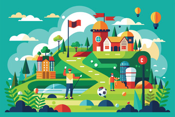 Fototapeta premium Two golfers are playing on a colorful golf course surrounded by trees and hills under a clear blue sky Golf Customizable Flat Illustration