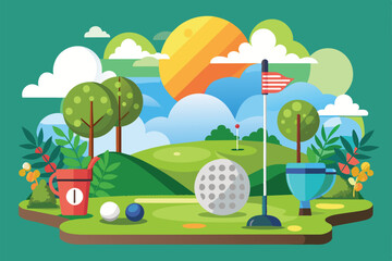 A colorful illustration of a golf course with trees, a flag, and a bright sun Golf Customizable Semi Flat Illustration