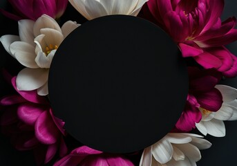 Elegant floral frame with a blank black circle for customizable text