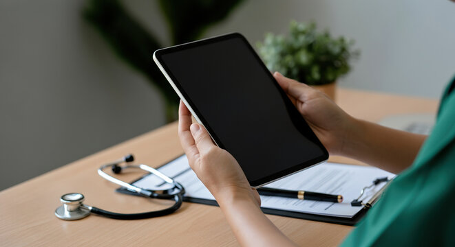 Mockup of a person holding a tablet in a medical office setting