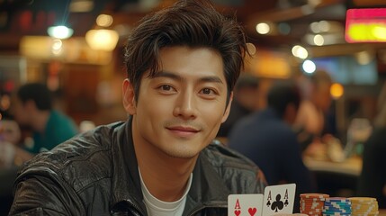 Naklejka premium A captivating portrait of a charismatic man, exuding confidence and charm, possibly a poker player in a dimly lit casino setting.