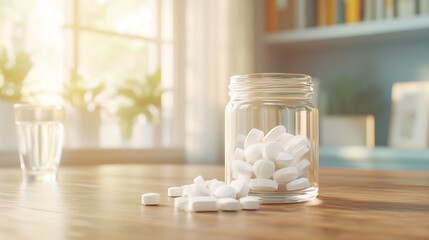 Sugar Cubes in Jar: A glass jar filled with white sugar cubes sits on a wooden table, bathed in warm sunlight streaming through a nearby window.  A few cubes have spilled onto the table.