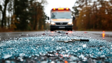 Shattered Glass on Road with Emergency Vehicle in Background