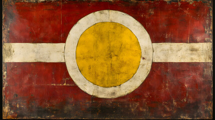 A circular flag with concentric rings of bright red, white, and yellow, designed in a futuristic minimalist style on a clear background 