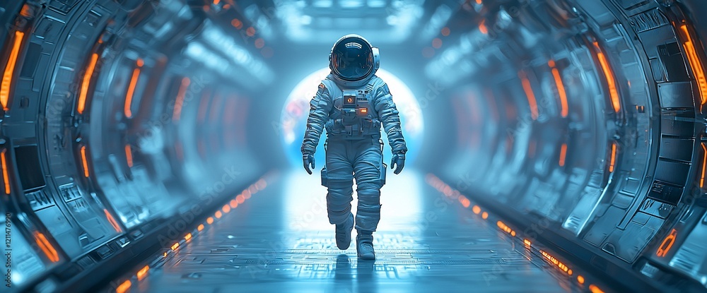 Poster Astronaut walking in futuristic spaceship corridor.