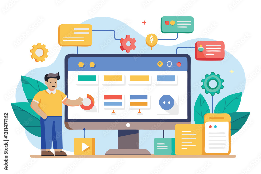 Poster a person interacts with a customizable sitemap on a computer surrounded by tech elements and vibrant