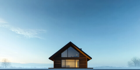 Modern wooden house under a clear blue sky with minimal landscape during the evening