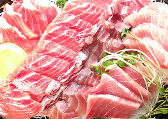 A close-up shot of cold tuna sashimi. Fresh seafood dishes.
