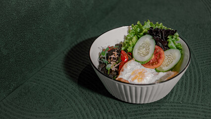 Fried Egg With Vegetables In A Bowl Of Rice, Simple And Nutritious Meal Served Fresh And Delicious.