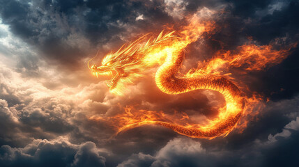 Vibrant night sky with a Chinese dragon, golden clouds, and red lanterns: Lunar New Year Celebrations