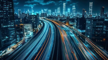 Naklejka premium Night cityscape with illuminated highway and skyscrapers.