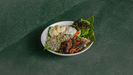 Fried Rice With Beef, Served With Vegetable Salad And Crackers On A White Plate, Delicious And Satisfying Meal.