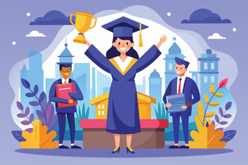 A graduate joyfully holds a trophy while friends celebrate their academic success in a vibrant setting Graduation Customizable Flat Illustration
