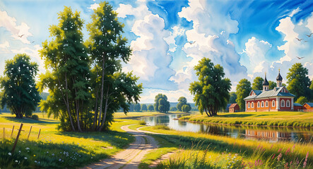 Naklejka premium Watercolor summer landscape of Russian nature . Generative AI