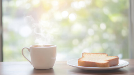 Coffee and Toast:  A steaming cup of coffee and a slice of toasted bread create a simple, inviting breakfast scene.  Warm morning light streams in from a window.