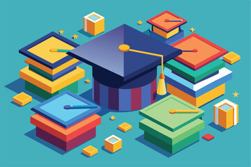 Various colorful graduation hats are displayed among vibrant stacks of books celebrating academic achievements Graduation hats Customizable Isometric Illustration