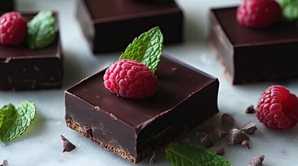 Close view of decadent dark chocolate bars topped with fresh raspberries and mint leaves.