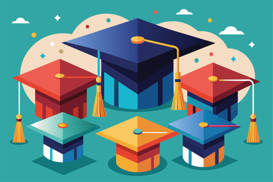 Colorful graduation hats are displayed creatively to symbolize academic milestones and celebrations of success Graduation hats Customizable Disproportionate Illustration