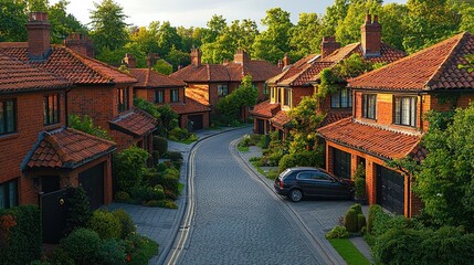 Obraz premium Charming Brick Row Houses Line A Cobblestone Street